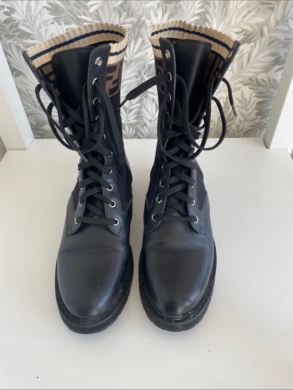 Fendi Black Leather Lace-Up Ankle Boots with Logo Knit Cuff